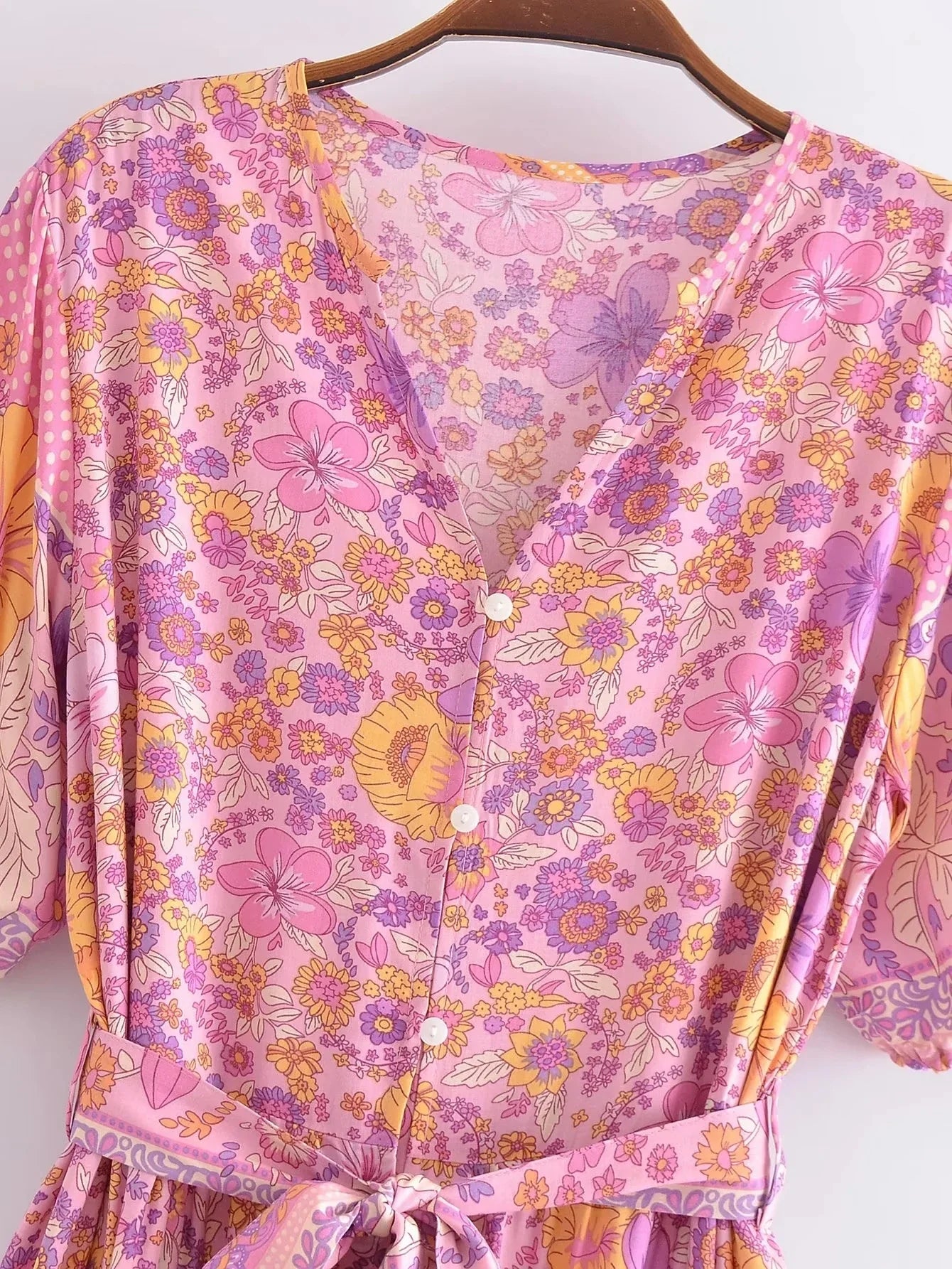 Foridol Single Breasted Bohemian Holiday Summer Women Dress Belt Casual Loose Maxi Floral Dress Short Sleeve Long Viscose Dress