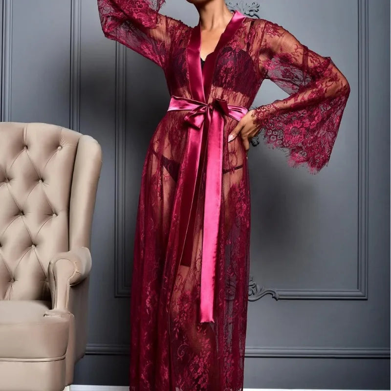 Toucheart Sexy Mesh Nightgown Suit for Women Sexy Lingerie Sexy Lace Women's Solid Color Mesh Perspective Long Nightgown Suit