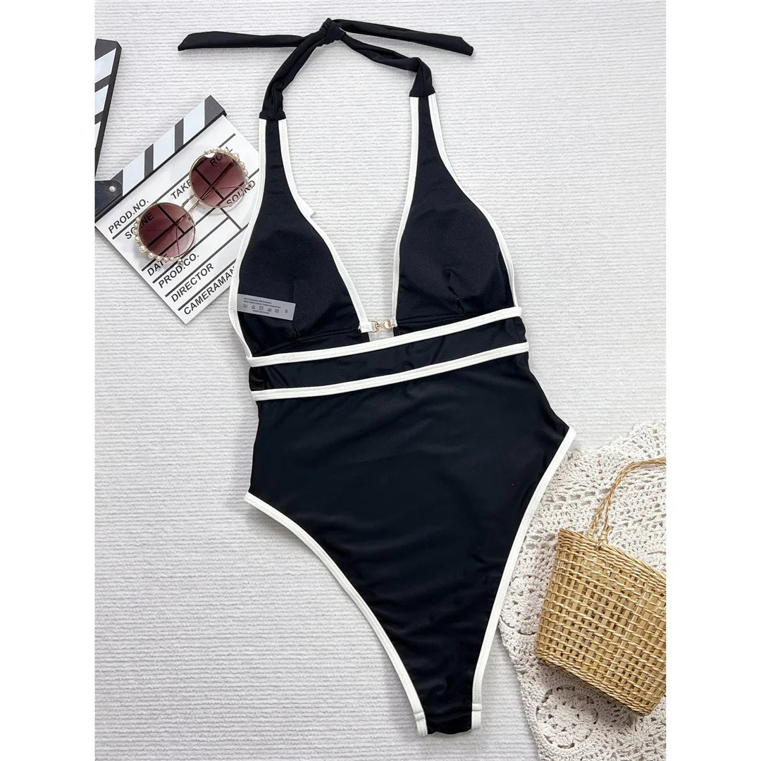 Deep V Neck Halter High Leg Cut One Piece Swimsuit Women Swimwear Female Backless Monokini Padded Bather Bathing Suit Swim V6710