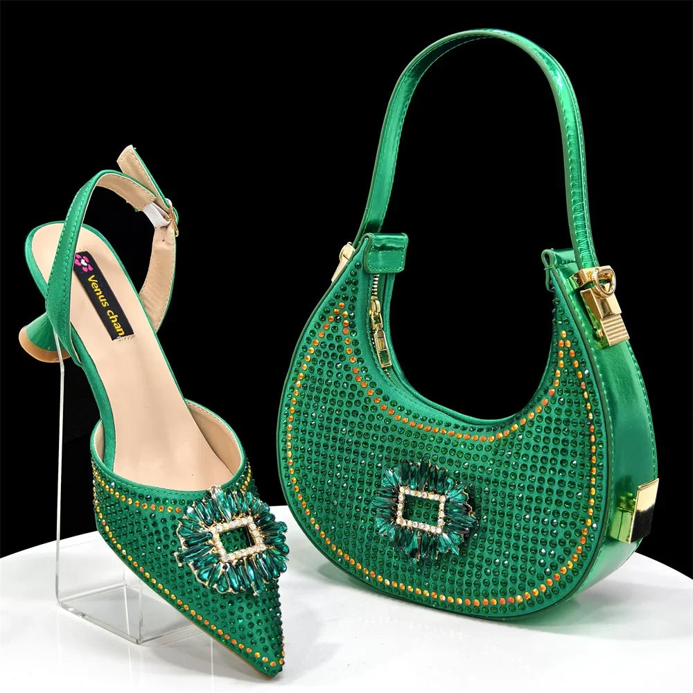 doershow Italian Shoes And Bag Sets For Evening Party With Stones Italian Leather Handbags Match Bags!  HFG1-21
