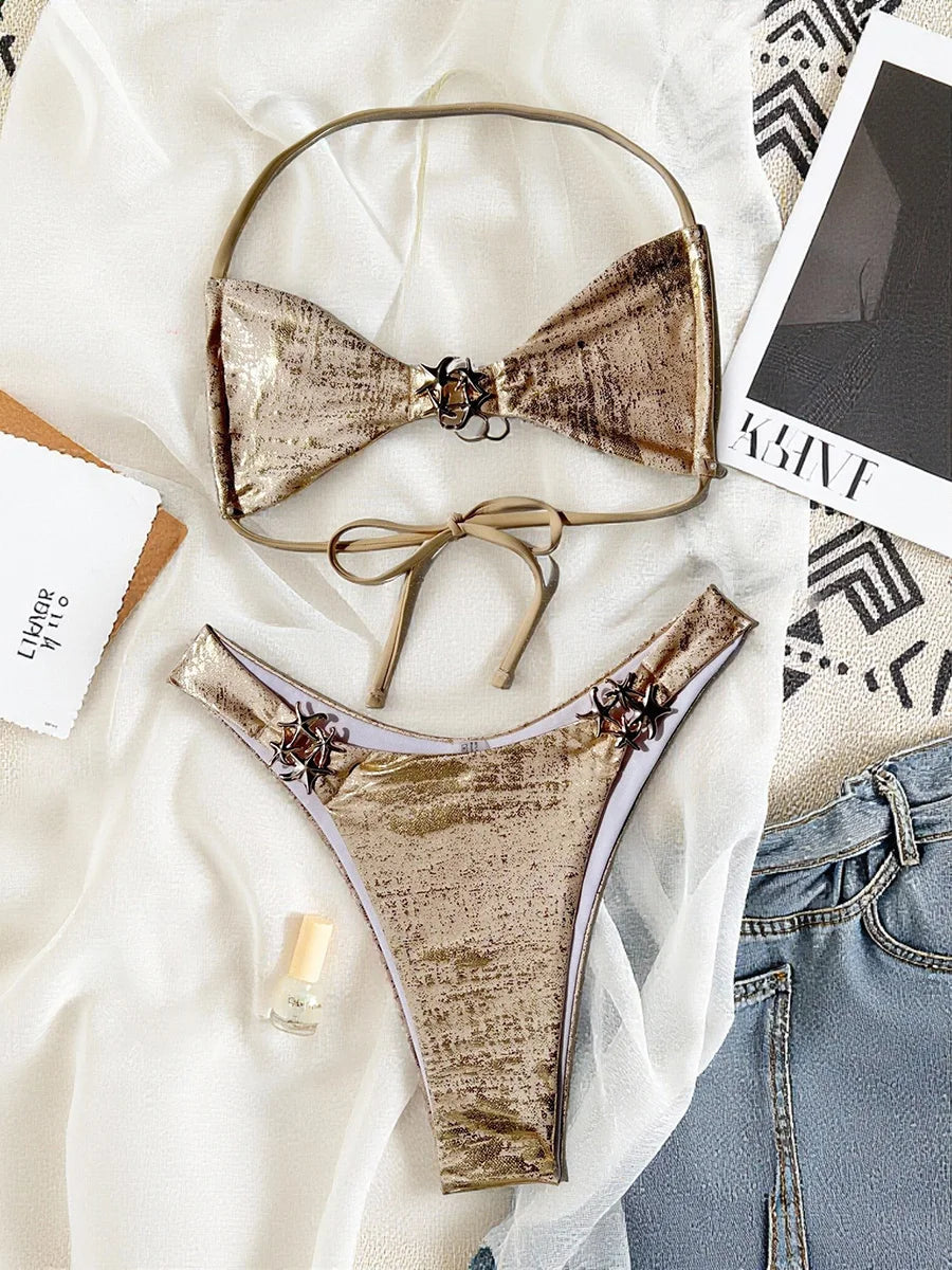 S - XL  Sparkling High Cut Halter Bikini Female Swimsuit Women Swimwear Two-pieces Bikini Set Bather Bathing Suit Swim Beachwear