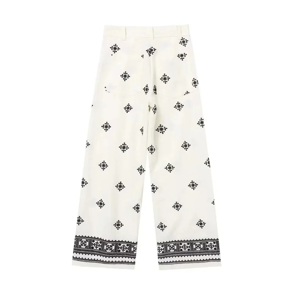 Foridol Geometric Embroidery Wide Leg Spring Summer Women Beige Long Pants Zip Fashion Trousers Pantalones De Mujer Autumn Pants