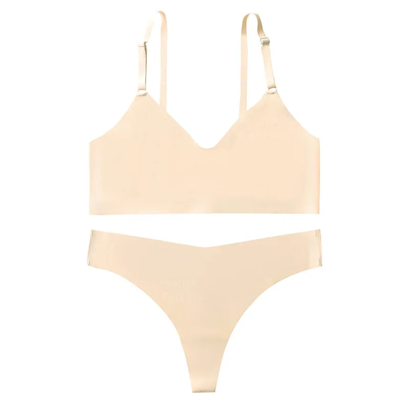 Cotton Female Underwear Set Short skin care kits Ribbed Brassiere Sexy Thong Low Waist Panties Women Seamless Bra Lingerie Set