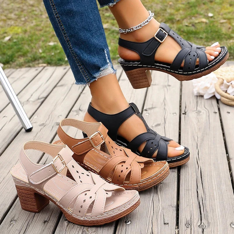 Lightweight Thick High Heels Sandals Women Plus Size 36-43 Summer Rome Shoes Woman Ankle Buckle Open Toe Beach Sandles Female