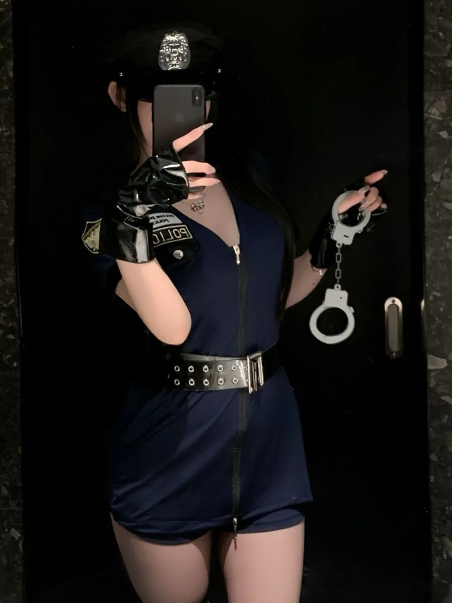 Sexy Cosplay Policewoman Midnight Uniform SM Zipper Bodysuits Solid Color Deep V Short Sleeved Wrap Hip Bodysuits Charming K0JQ