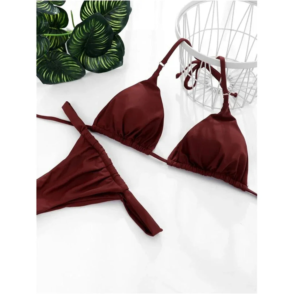 Wrinkled High Cut Mini Micro Thong Bikini Women Swimwear Female Swimsuit Two-pieces Bikini Set Halter Bather Bathing Suit Swim