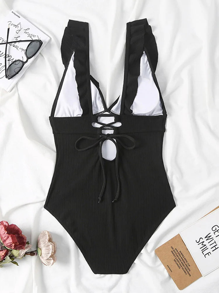 2026 Ruffle Swimsuit One Piece Solid V-neck Backless Swimwear Women Bathing Swimming Swim Suit Female Padded Beach Wear Summer