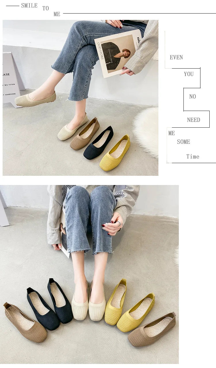 Women Leisure Flats Summer Autumn Flat Shoes Breathable Knitted Square Toe Slip-on Female Daily Walking Driving Loafers