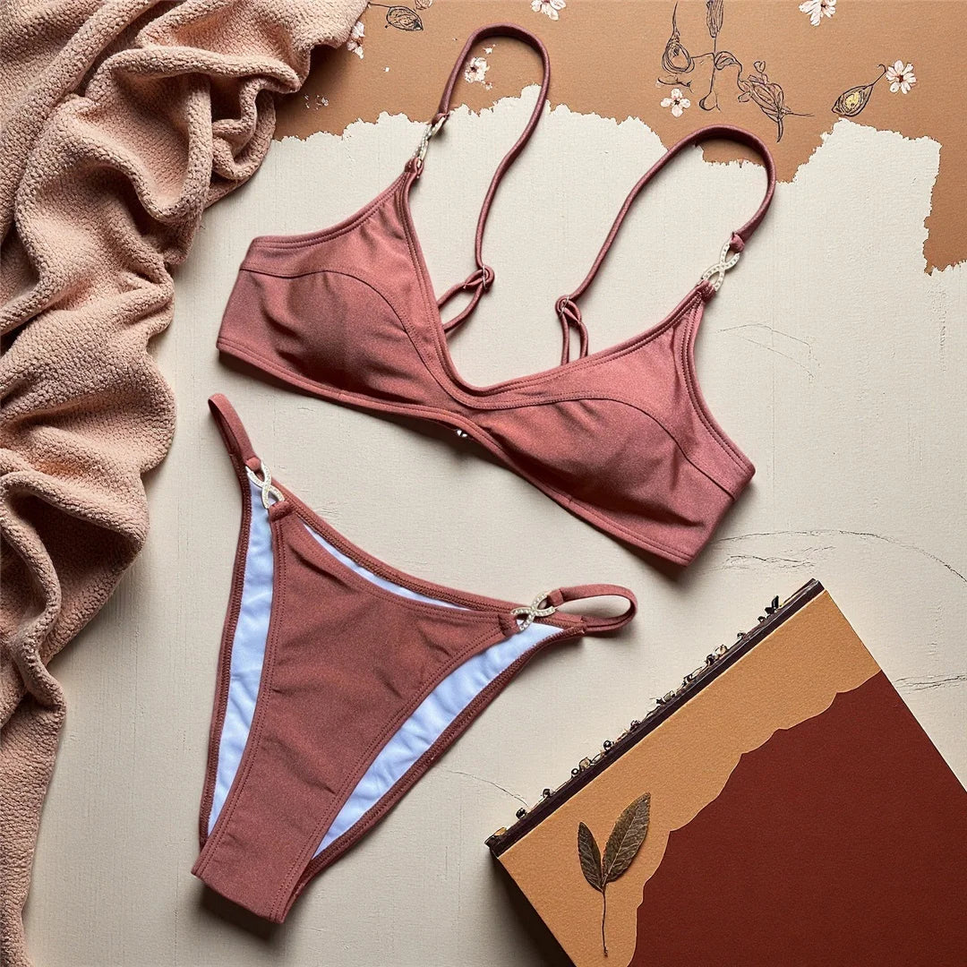 10 Colors V Neck Rhinestones Bikini Female Swimsuit Women Swimwear Two-pieces Bikini Set Padded Bather Bathing Suit Swim V8138