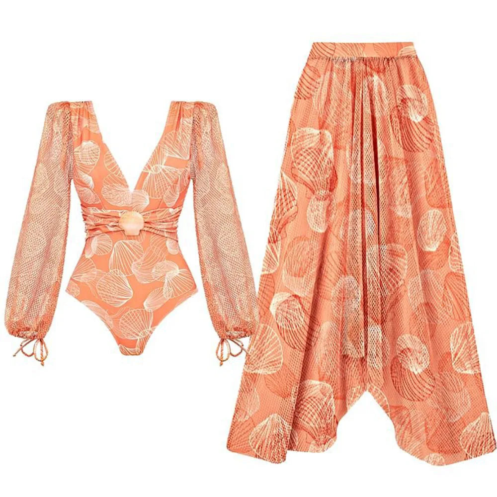 2026 Fashion Swimwear Women With Skirt Bathing Suit Summer New Ruffle Splice Print Beachwear Holiday Bikini Cover Ups Outfits