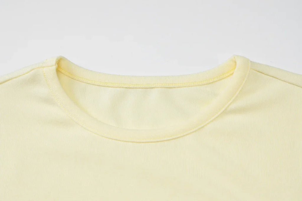 Woman Clothing Letter Print Short T-shirts Y2K Streetwear 2026 Summer O-neck Slim Fit Crop Tops Vacation Beach Tees Light Yellow
