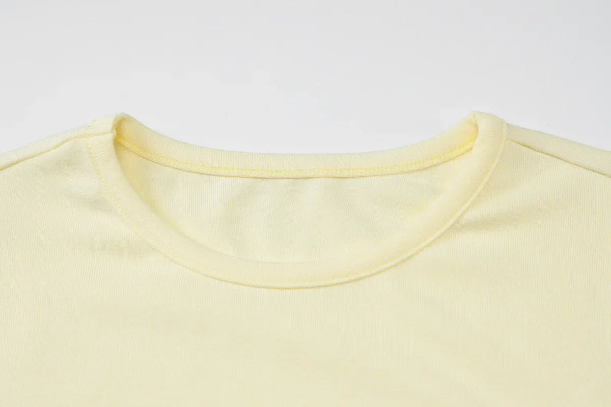 Woman Clothing Letter Print Short T-shirts Y2K Streetwear 2026 Summer O-neck Slim Fit Crop Tops Vacation Beach Tees Light Yellow