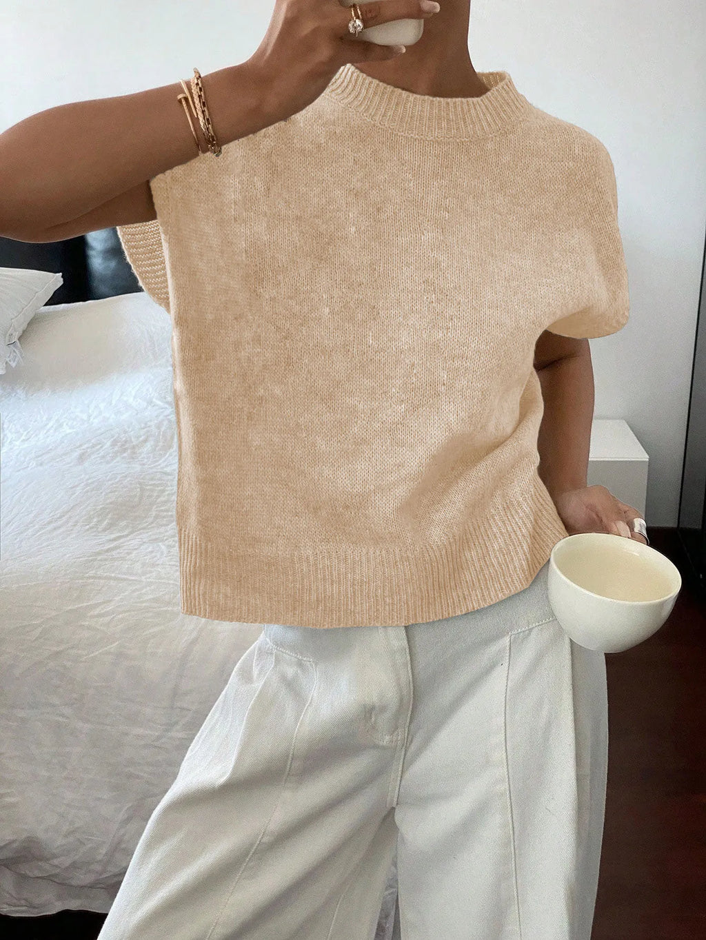 Women's Elegant Short Sleeve Knit Sweater Casual O-Neck Straight Dropped Shoulders Comfort Sweater Vest Spring/Fall