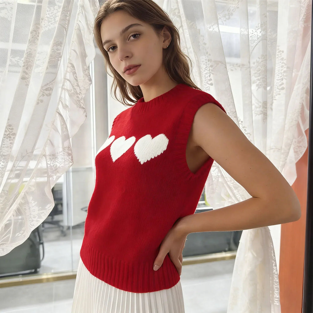 Women 2026 Sleeveless Crew Neck Pullover Fashion Daily Wear Top Cute Heart Print Pink Knitted Vest