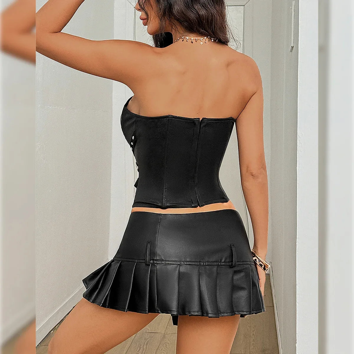 Sexy Black Lace Mesh Sheer Corset Top Spicy Girls Bandeau PU Leather Patchwork Fishbone Bustier See Through Rivet Club Camisole