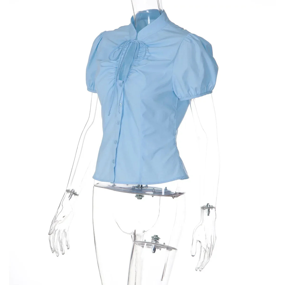 FDYOUI Fashion Stand Collar Lace-up Hollow Out T-shirts Women Chic Short Sleeve Single Breasted Crop Top Folds Solid Tee Shirt