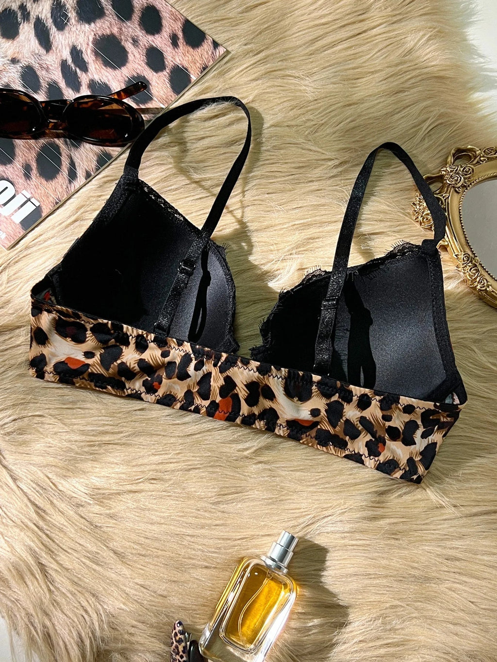 Sexy Leopard Bra for Women Lace Trim Front Buckle Push up Bra Fashion Comfort Lingerie Women's Lace Bra
