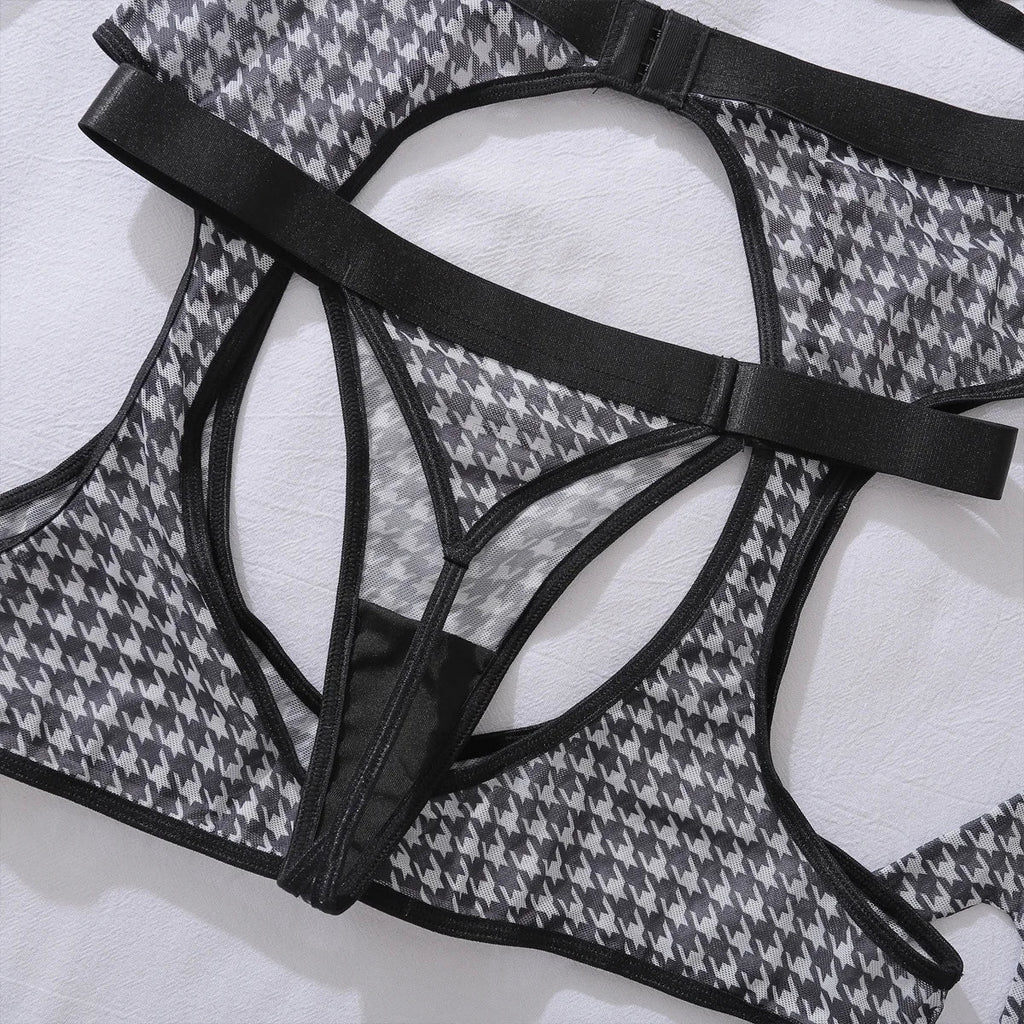 Toucheart Sexy Lingerie Suit for Women Sexy Bra Set Fashion Plaid Patchwork Sexy Lingerie Four-piece Set Women's Underwear Set