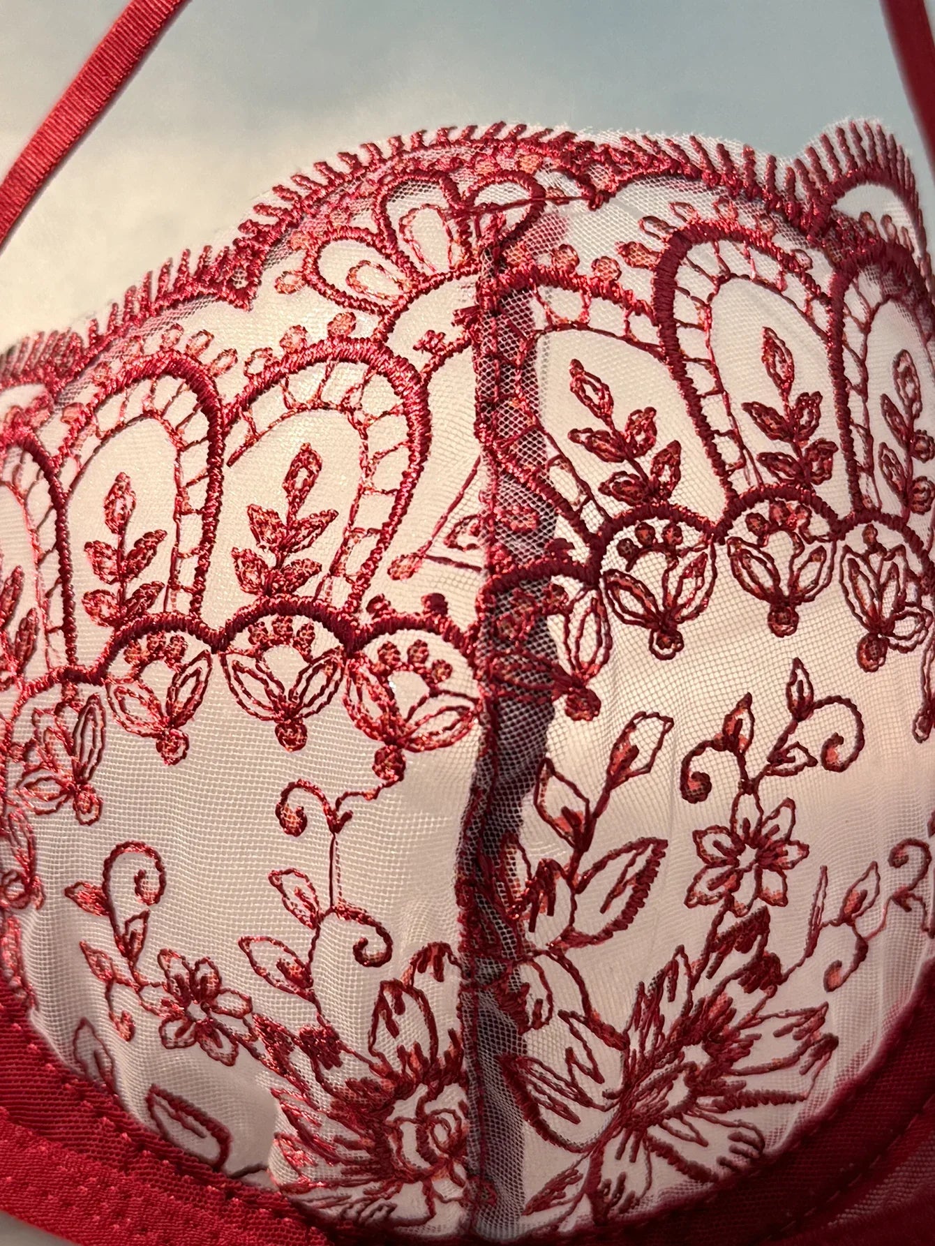 Red Floral Lace Lingerie Set Sheer Mesh Underwire Bra With Bow & Thong Women Sexy Underwear ZA824057
