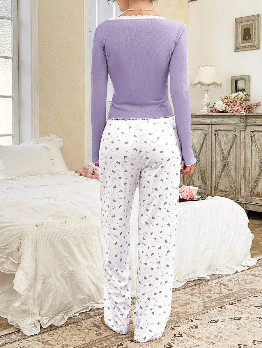 Women Sleepwear  Long Sleeve T-shirt with Long Trouses Set Autumn Winter Pajamas Set Homewear Femme Loungewear