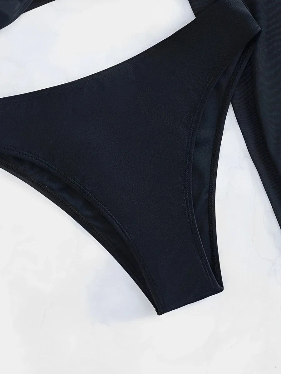 3 Pieces One shoulder Ring Link Bikini 2026 Women & Skirt Swimsuit Solid Sexy Swimwear Female Bathers Bathing Swimming Swim Suit