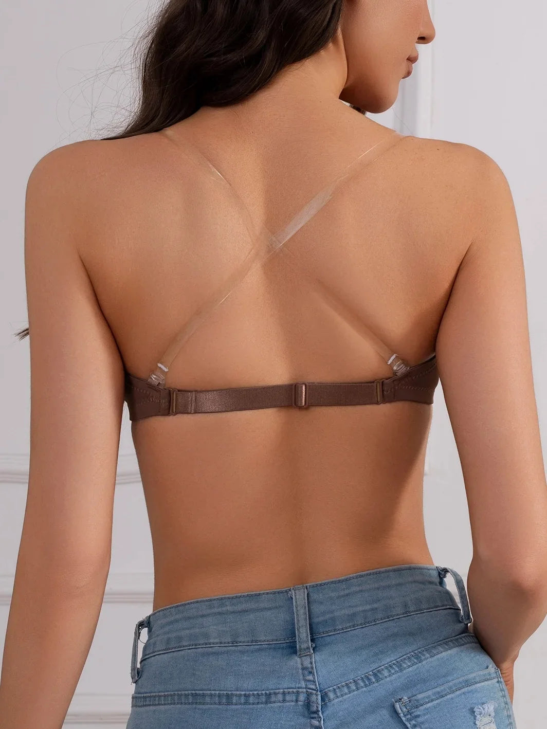 Women's Half Cup Strapless Bra Front Closure Clear Strap Bra Non-Slip Silicone Band Underwire Support Women's Underwear