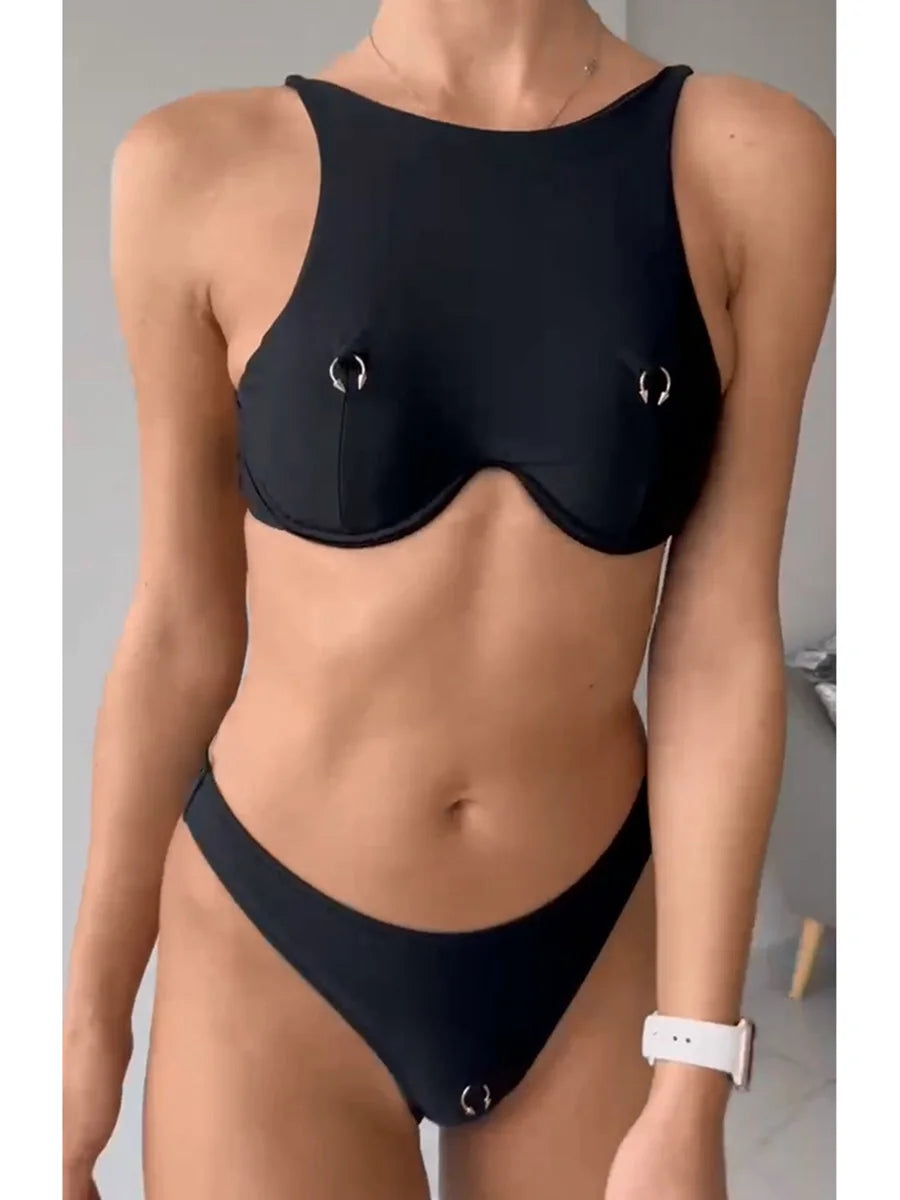 High Neck Underwired V-bar Bikini Women Swimsuit Female Swimwear Two-pieces Bikini Set Brazilian Push Up Bathing Suit Swim Lady