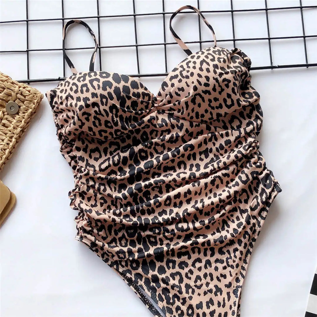 New Sexy High Cut Leopard Push Up Bra Cup One Piece Swimsuit Female Swimwear Women Bather Bandeau Bathing Suit Swim Lady V1654