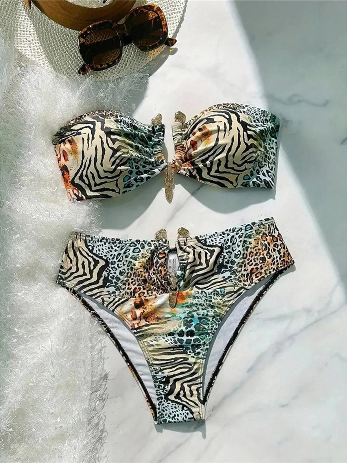 S - XL Sexy Leopard Printed Bandeau Bikini Female Swimsuit Women Swimwear Two-Pieces Bikini Set Bather Bathing Suit Swim V7541