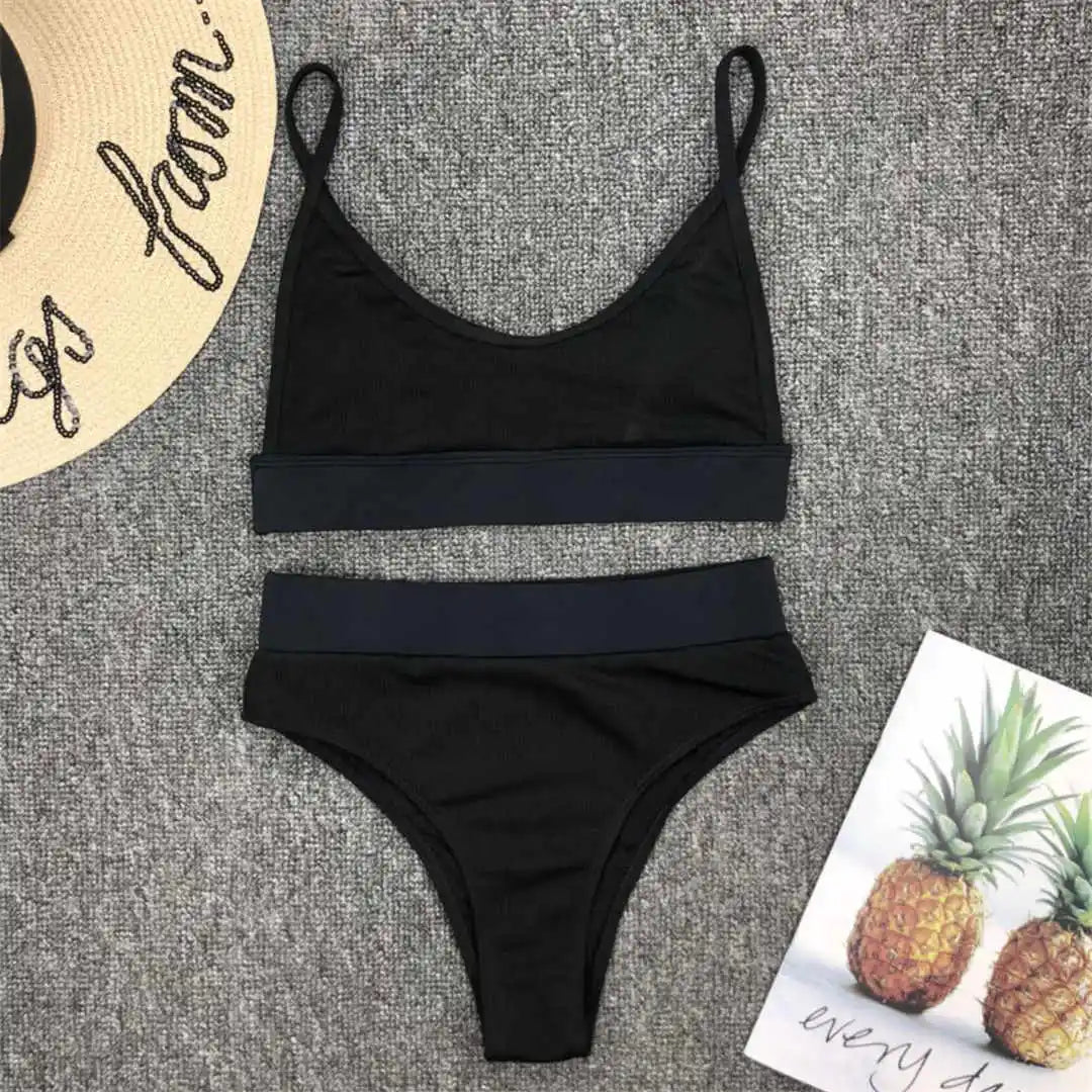 S - XL Sexy Female Swimsuit High Waist Bikini Women Swimwear Two-Pieces Bikini Set Bather Ribbed Bathing Suit Swim Lady V2375