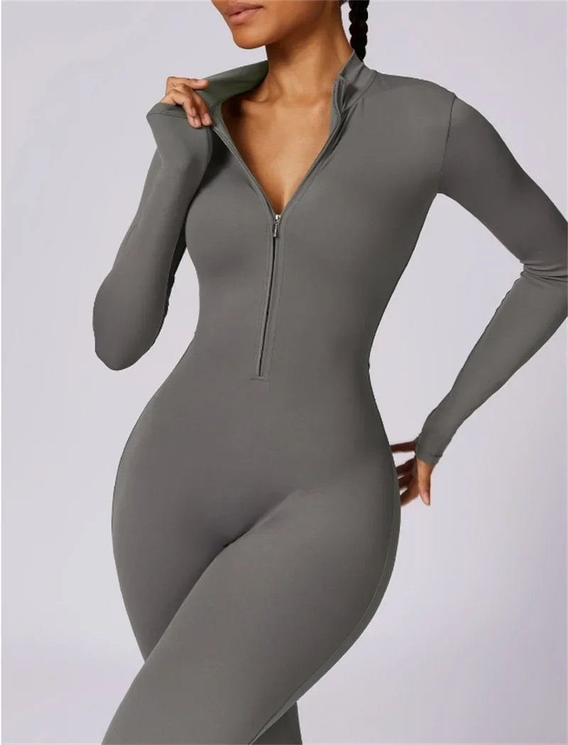 Half zip integrated long yoga jumpsuit solid color sexy long sleeved integrated sportswear for women