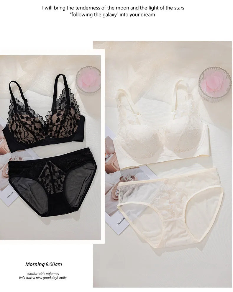 French Style Sexy Lace Underwear Set, Non-Padded Push Up Bra for Small Bust, Wirefree & Breathable, New Hot Bestseller MOYISU AB