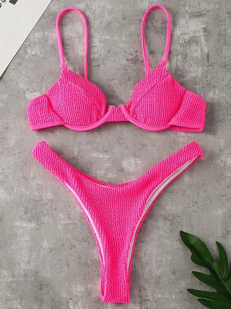 Wrinkled Underwired V-Bar Bikini Swimsuit Female Swimwear Women Two-pieces Bikini set High Cut Bather Bathing Suit Swim Lady