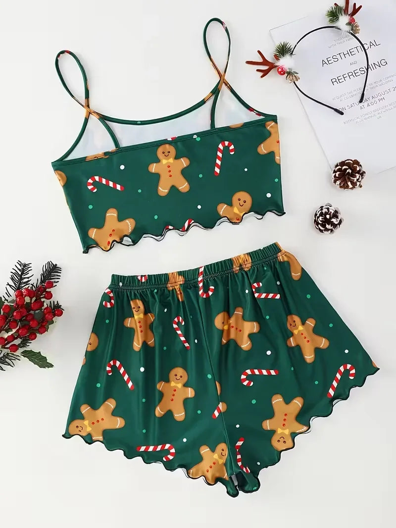 Christmas Clothes Cute Soft Gingerbread Print 2 Pieces Pajama Set Women's Sleepwear Crop Tops and Shorts Sets Loungewear