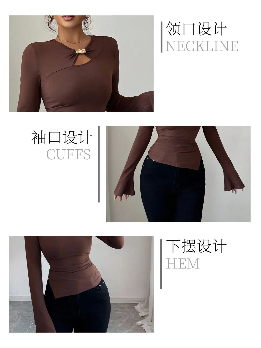 Autumn and winter inner asymmetrical hollow metal decoration slim fit daily outer top
