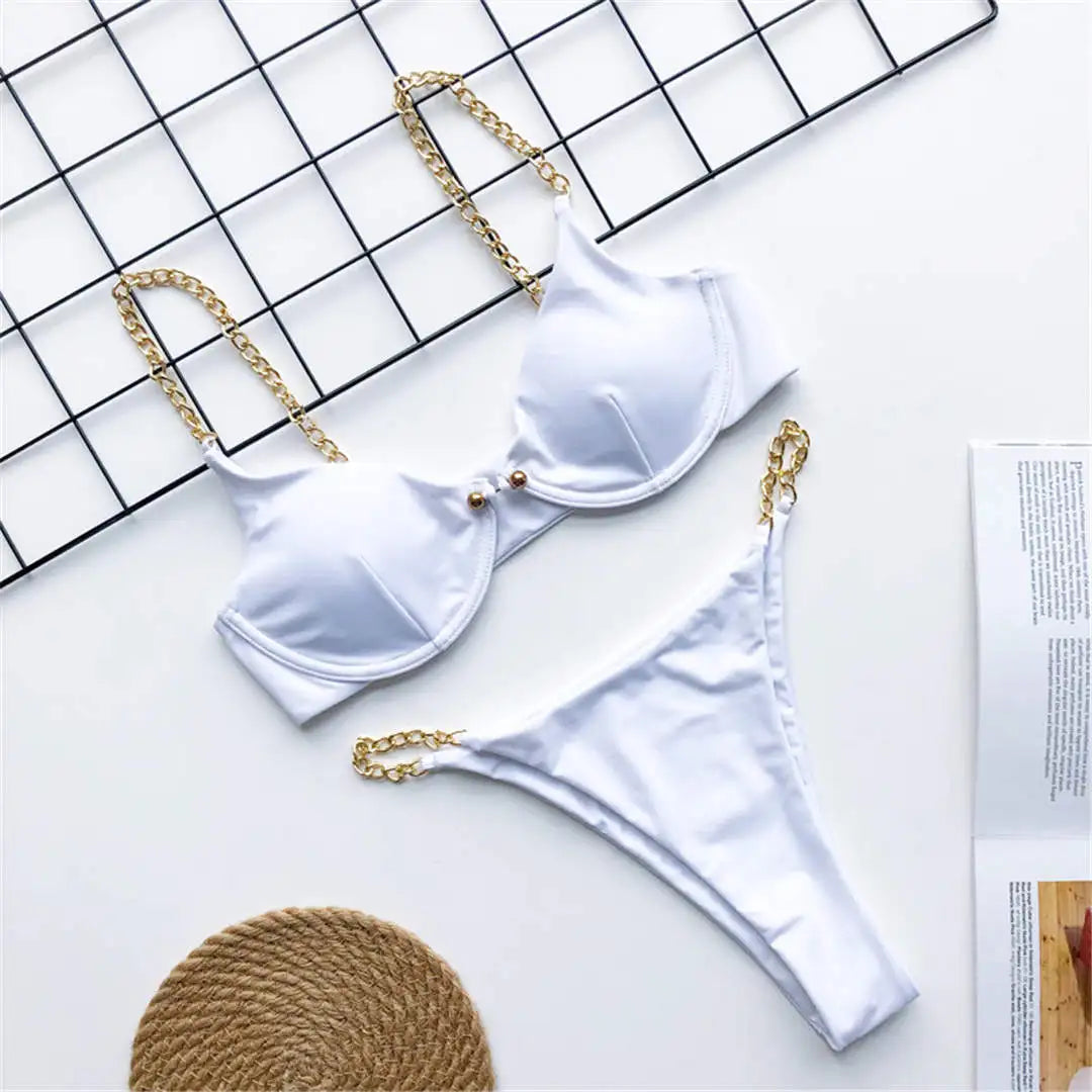 Sexy High Cut Golden Chain Bikini Women Swimwear Female Swimsuit Two-Pieces Bikini Set Underwired Bather Bathing Suit Swim V1646