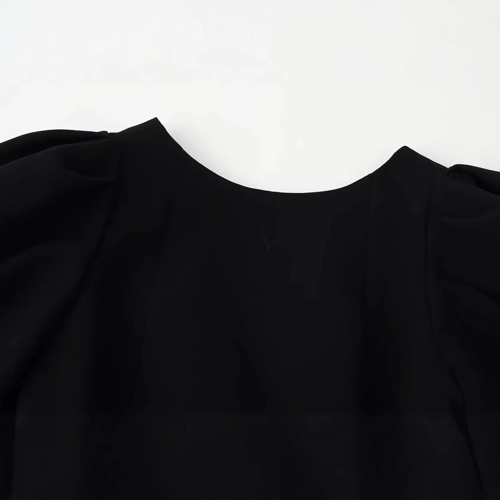 Women's Fashion Casual Bowknot Faux Pearl Puff Sleeve Black Puff Sleeve Bow Detail Peplum Waist Short Sleeve Top For Women Q2Y3