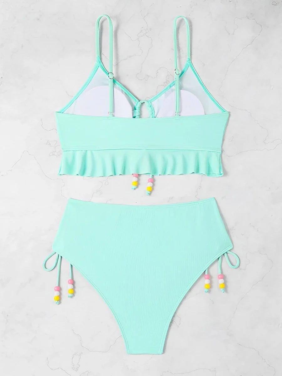 2026 High Waist Bikini Women Drawstring Swimwear Female Ruffle Swimsuit Solid Bathers Bathing Swimming Swim Suit Beachwear
