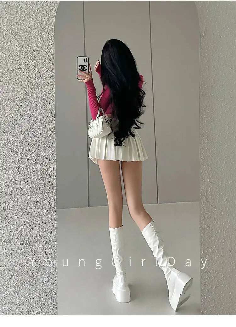 WOMENGAGA Fahsion Women Skorts Spicy Girl Sexy High Waist SlimA-LINE Pleated Skirt Half Body Short Skirt Sweet Korean Style 8NDZ