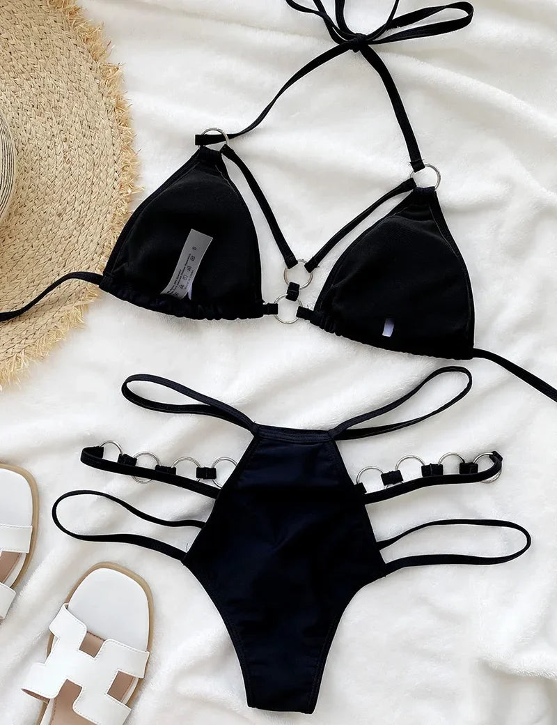 2025 Sexy Halter Strappy Metal Rings Bikini Women Swimwear Female Swimsuit Two-pieces Bikini set High Cut Bathing Suit Swim Lady