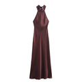 Foridol Halter Satin Dress Women Sexy Backless Burgundy summer spring Dress Elegant Maxi Long Party Dress Christmas Vestidos