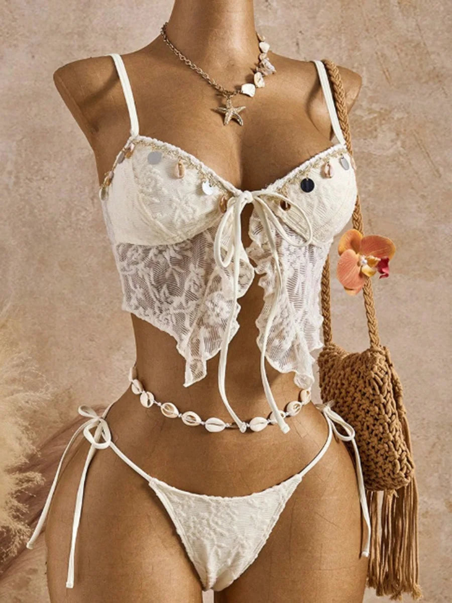 S - XL Sequins Mesh Sheer Bikini Women Swimsuit Female Swimwear Two Pieces Bikini Set High Cut Bathing Suit Swim Lady Beachwear