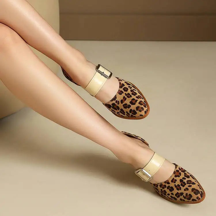 Spring  Autumn New Model Fashion High Heels Nude Shoes Color Blocking Pointed Tip Buckle Leopard Print Sexy Party Women's Shoes