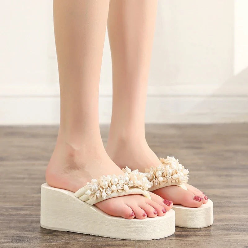 Big Size 42 Fashion Flip Flops For Women Summer Wedges Shoes EVA Sole String Bead Female Indoor Beach Slippers Slip-on Sandals