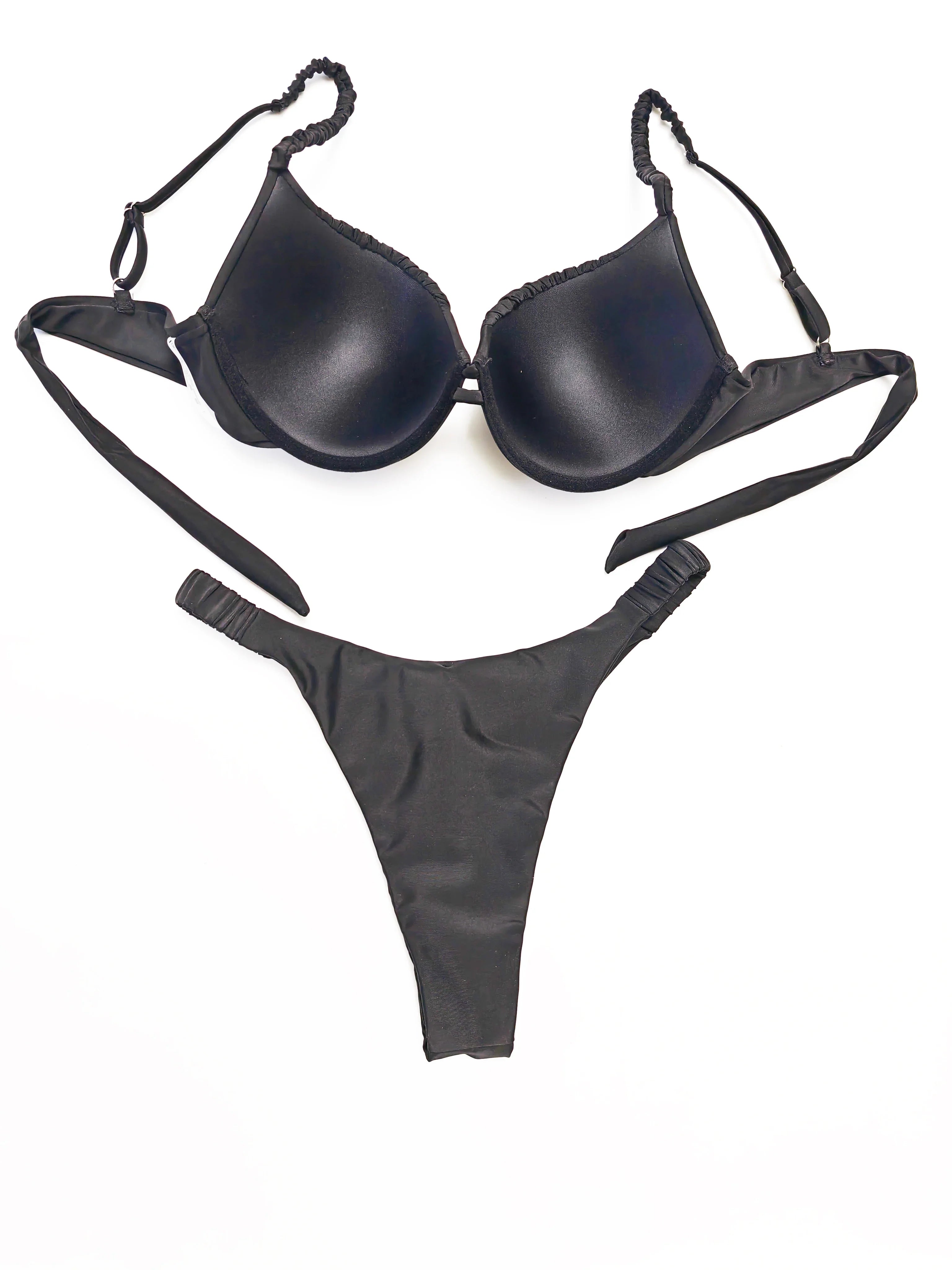 New pleated hard cup sexy bikini solid color swimsuit women's separate strap support vacation adjustable halter bikini