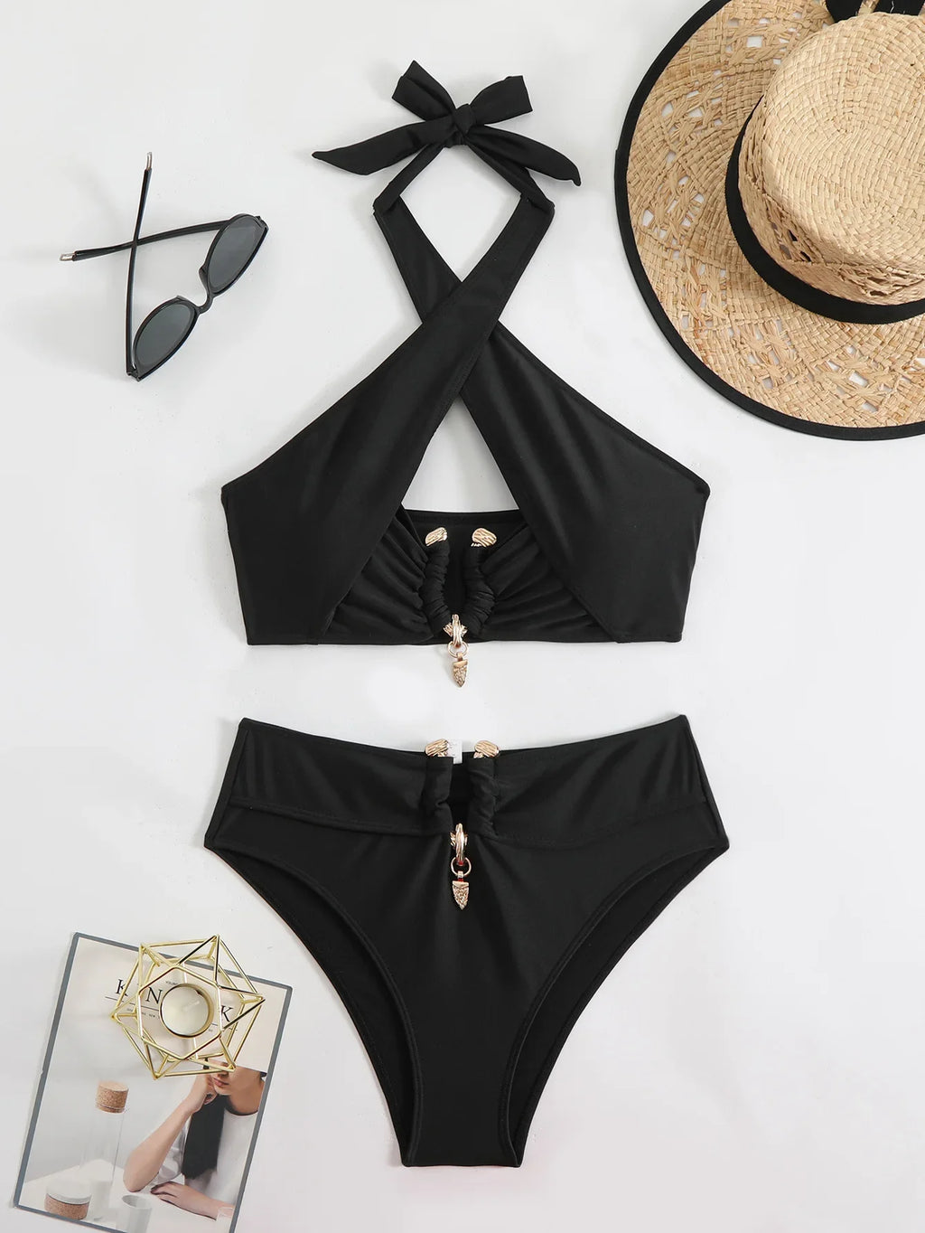 Halter Cut Out High Waist Bikini Female Swimsuit Women Bandeau Swimwear Two-pieces Bikini set Bather Bathing Suit Swim Beachwear