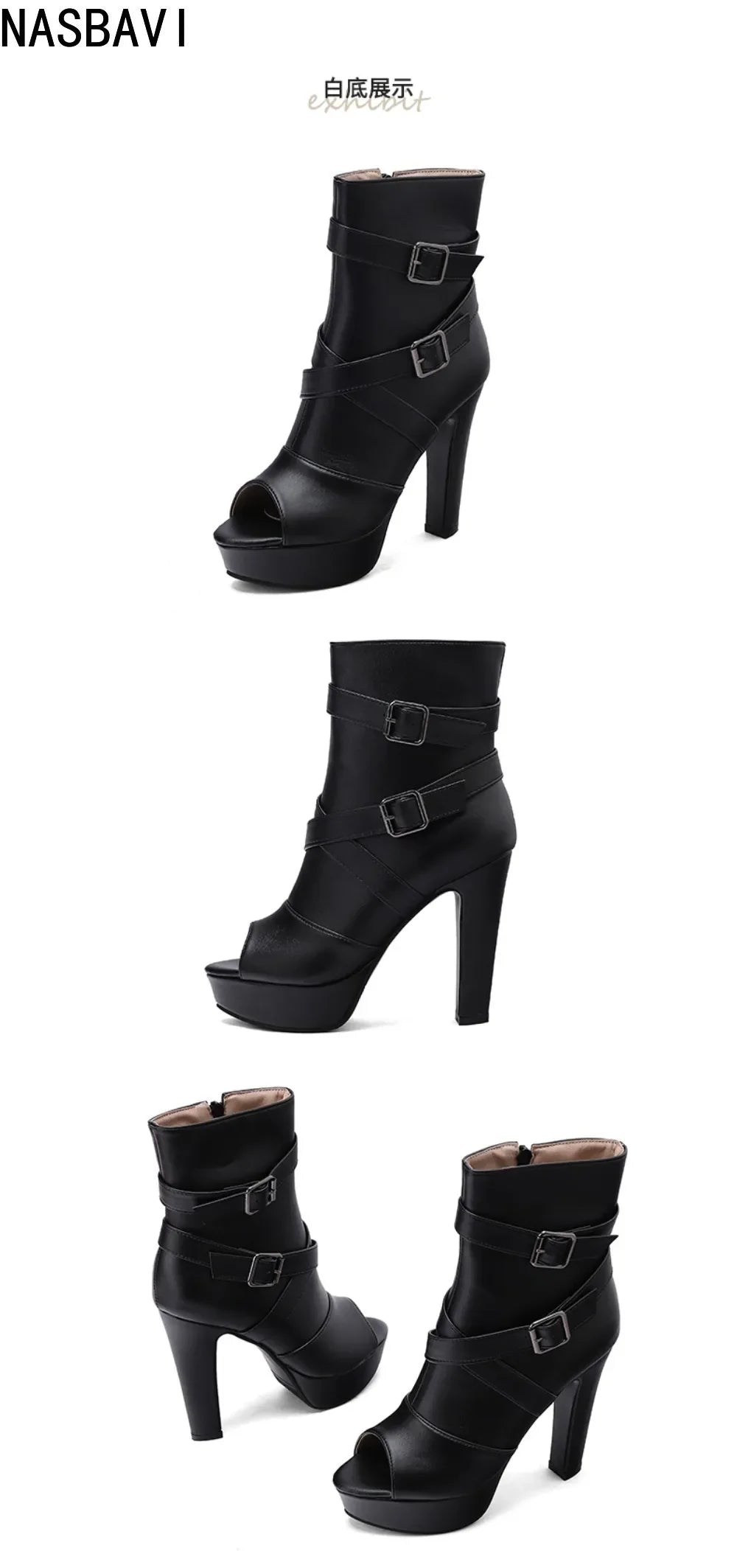 White Sexy Women Sandals Peep Toe 12cm Chunky Platform Zipper Belt Big Size 34-50 Dating Nightclub Ankle Cool Sandals Boots