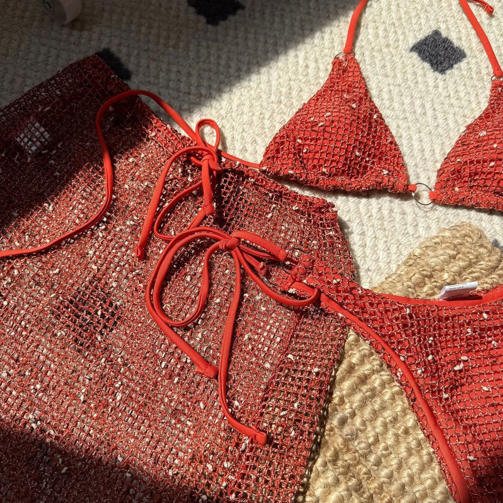 With Mesh Sarong Skirt Halter Bikini Women Swimwear Female Swimsuit Three-pieces Bikini Set Fishnet Bathing Suit Swim Beachwear