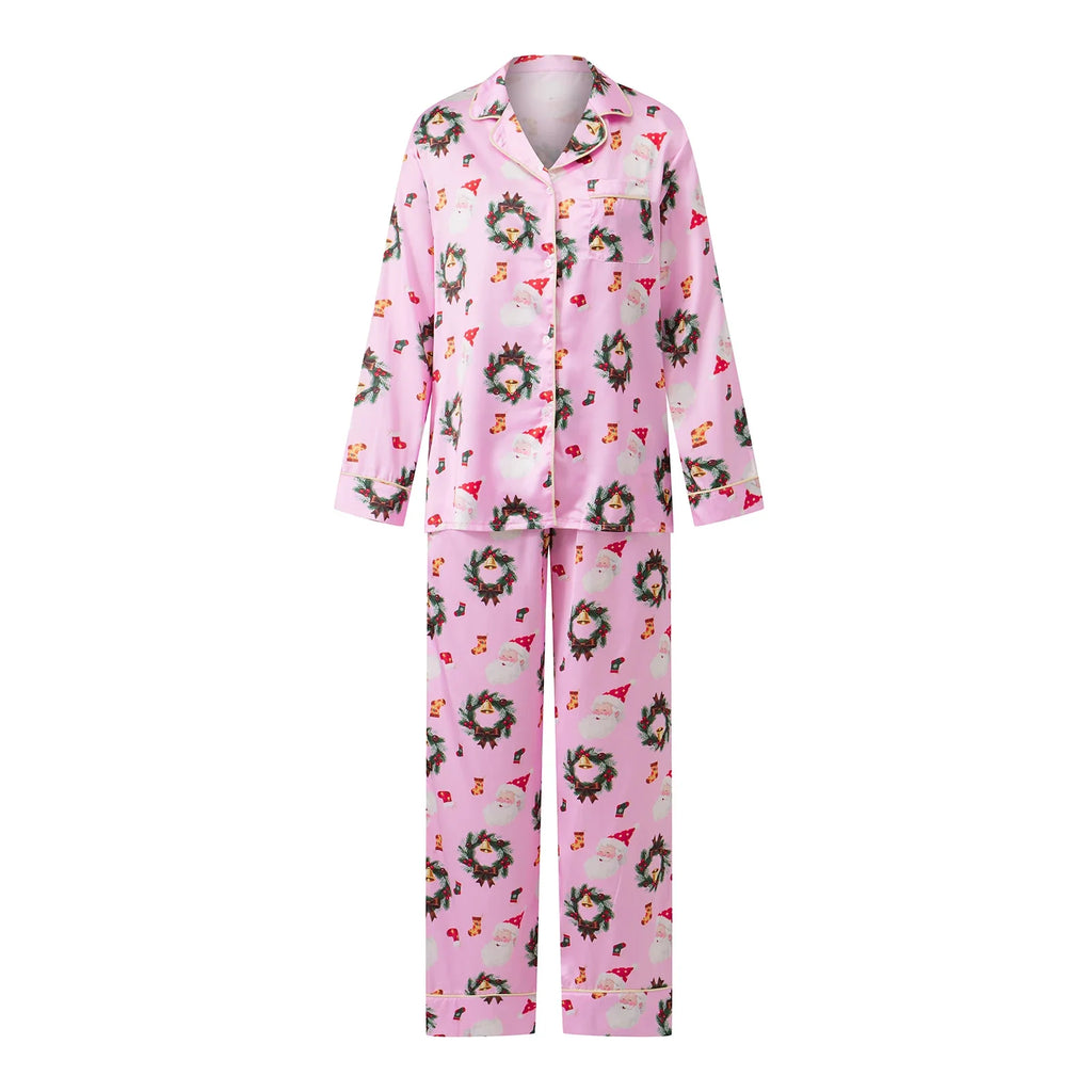 Women 2025 Christmas Pajama Set Santa Wreath Print Long Sleeve Button-up Tops and Elastic Waist Pants 2 Piece Sleepwear Outfit