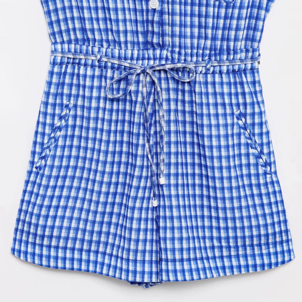 Gingham Printed Jumpsuit Women 2025 Summer Spring Wide Leg Casual Overalls for Women Cotton Linen Romper Pockets Playsuit